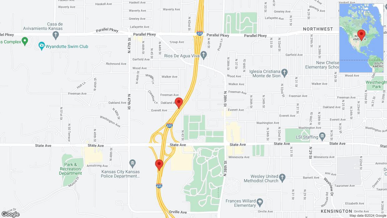 A detailed map that shows the affected road due to 'Lane on I-635 closed in Kansas City' on August 6th at 11:53 p.m.