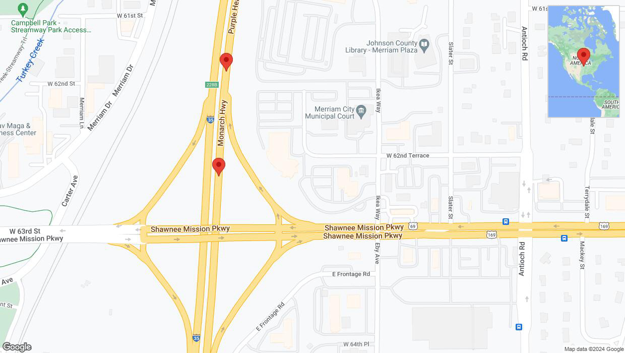 A detailed map that shows the affected road due to 'Broken down vehicle on northbound I-35 in Merriam' on August 7th at 12:57 p.m.