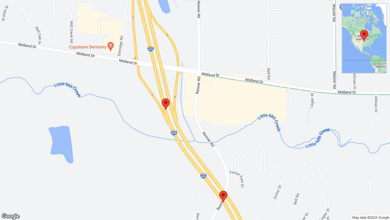 A detailed map that shows the affected road due to 'Lane on I-435 closed in Shawnee' on August 7th at 6:51 p.m.