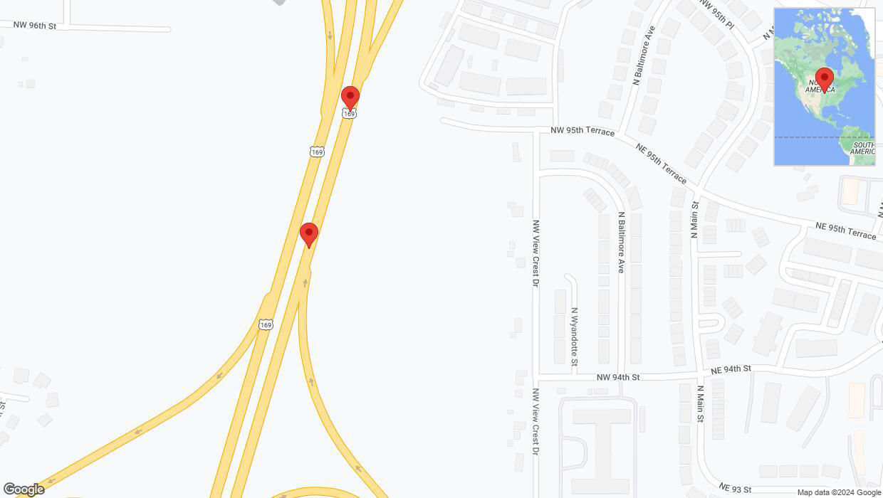 A detailed map that shows the affected road due to 'Broken down vehicle on northbound US-169 in Kansas City' on August 7th at 12:09 p.m.