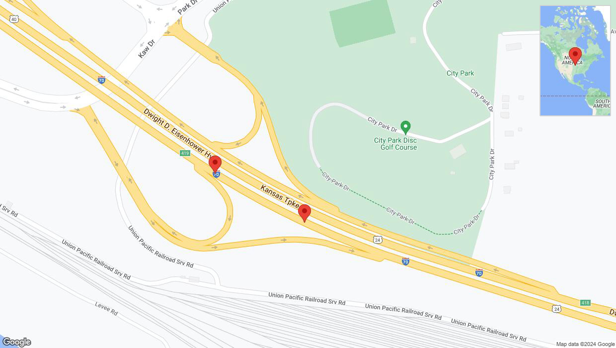 A detailed map that shows the affected road due to 'Broken down vehicle on eastbound I-70 in Kansas City' on August 7th at 12:57 p.m.