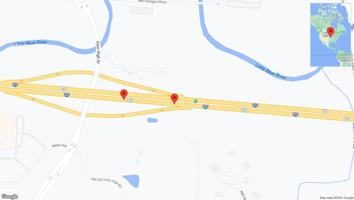 A detailed map that shows the affected road due to 'Broken down vehicle on eastbound I-470 in Lee's Summit' on August 7th at 1:27 p.m.