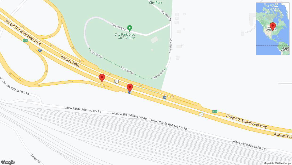 A detailed map that shows the affected road due to 'Broken down vehicle on eastbound I-70 in Kansas City' on August 7th at 1:45 p.m.