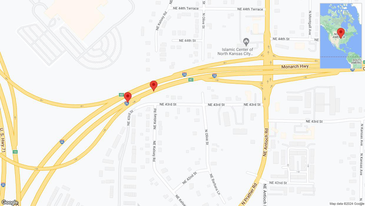 A detailed map that shows the affected road due to 'Broken down vehicle on northbound I-35 North in Kansas City' on August 7th at 2:33 p.m.