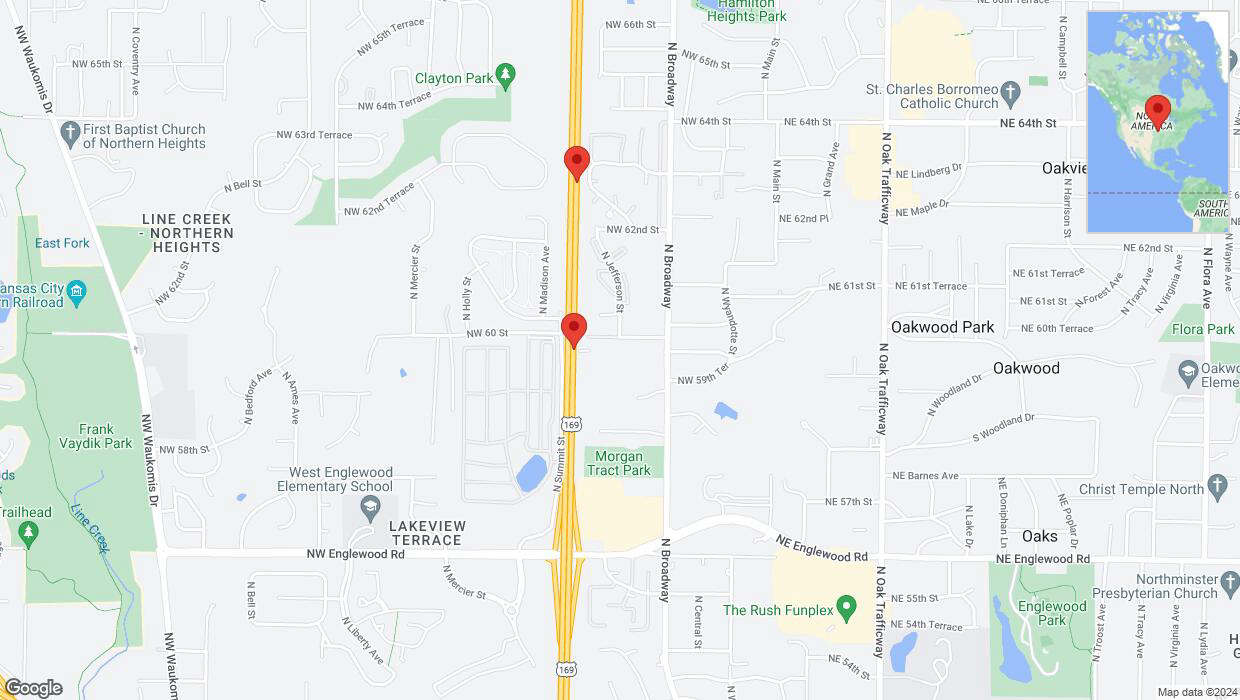A detailed map that shows the affected road due to 'Broken down vehicle on northbound US-169 in Kansas City' on August 7th at 2:57 p.m.