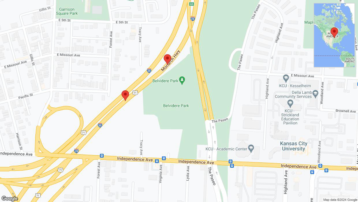 A detailed map that shows the affected road due to 'Broken down vehicle on northbound I-35 in Kansas City' on August 7th at 2:33 p.m.