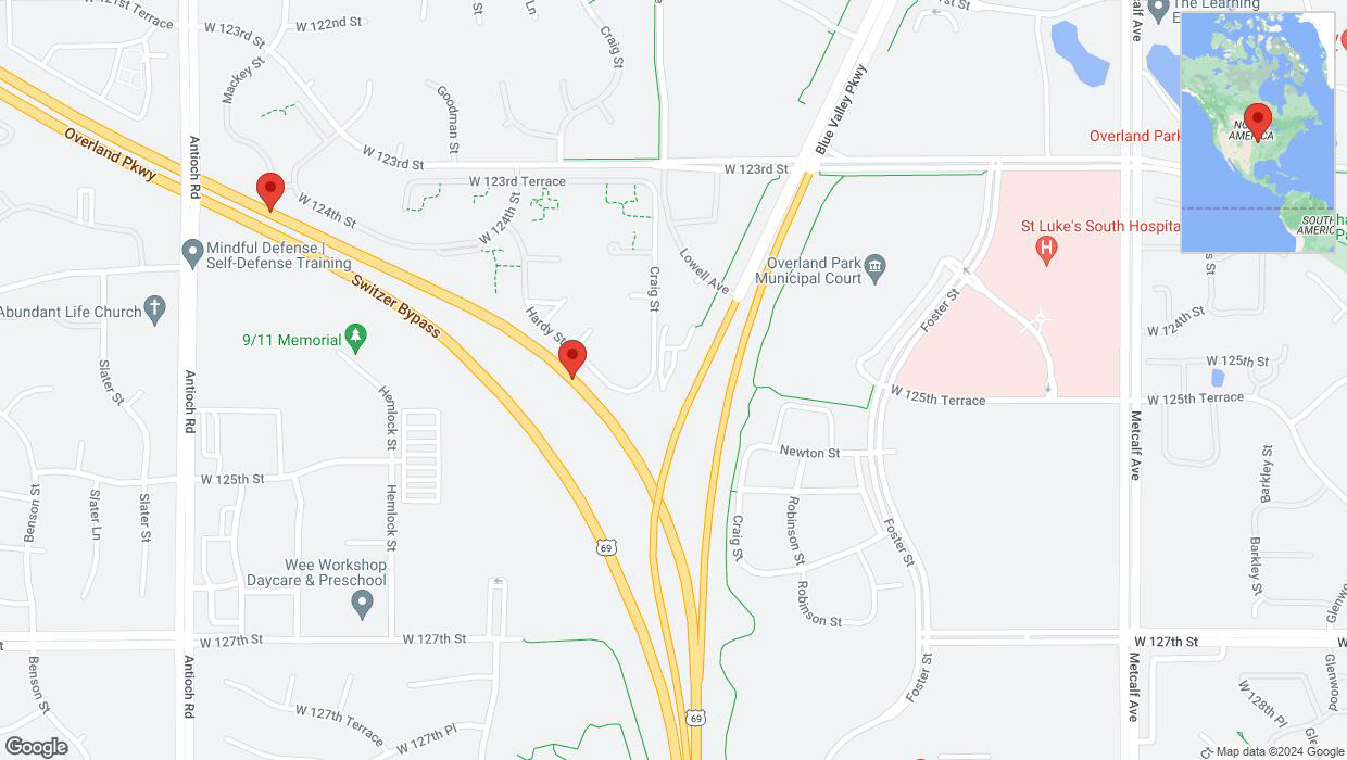 A detailed map that shows the affected road due to 'Broken down vehicle on northbound US-69 in Overland Park' on August 7th at 3:39 p.m.