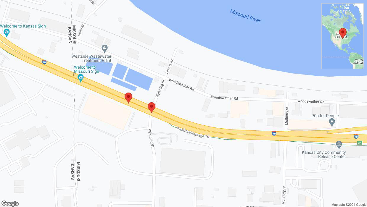 A detailed map that shows the affected road due to 'Broken down vehicle on eastbound I-70 in Kansas City' on August 7th at 4:15 p.m.