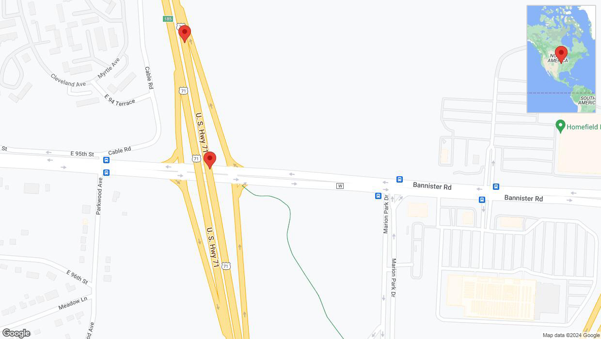 A detailed map that shows the affected road due to 'Broken down vehicle on northbound I-40/US-71 in Kansas City' on August 7th at 4:33 p.m.