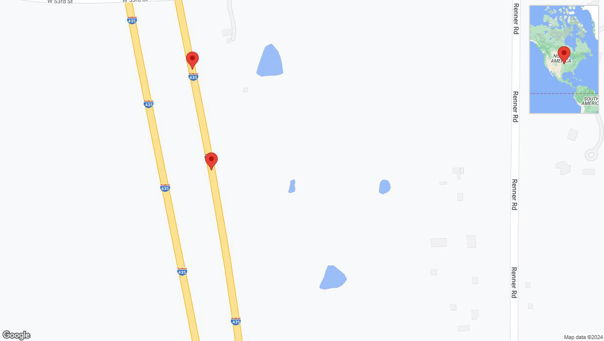 A detailed map that shows the affected road due to 'Broken down vehicle on northbound I-435 in Shawnee' on August 7th at 10:21 p.m.