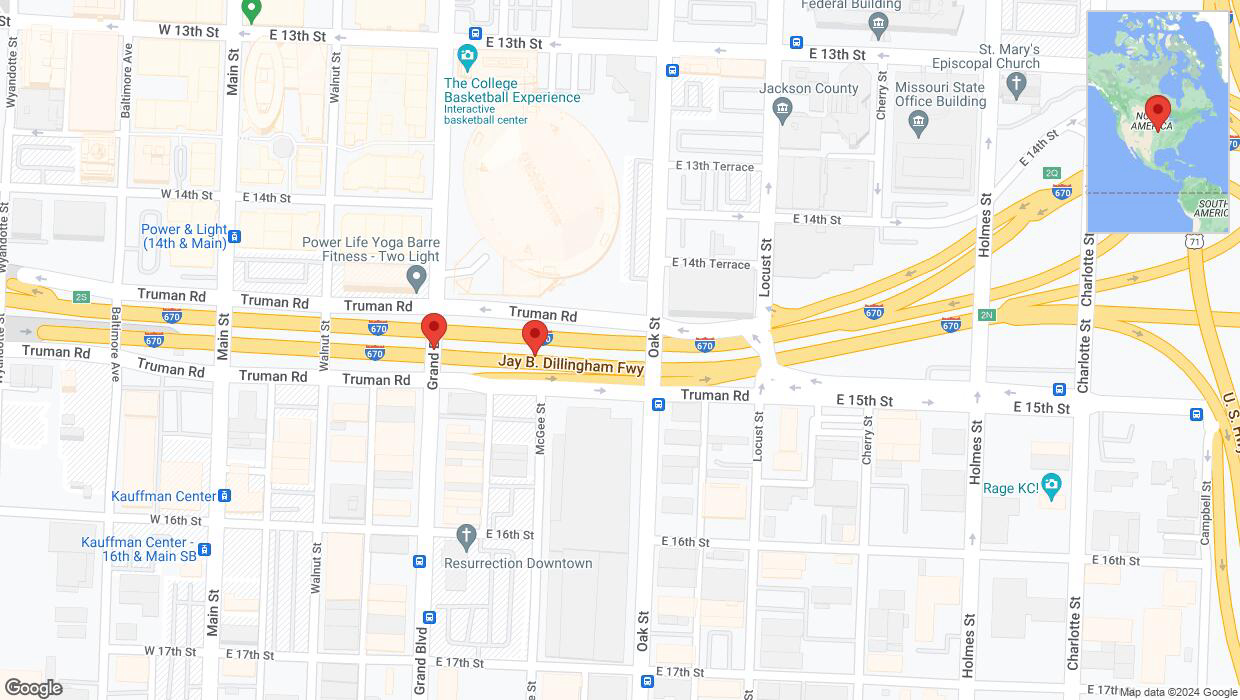 A detailed map that shows the affected road due to 'Broken down vehicle on eastbound I-670 in Kansas City' on August 7th at 6:45 p.m.