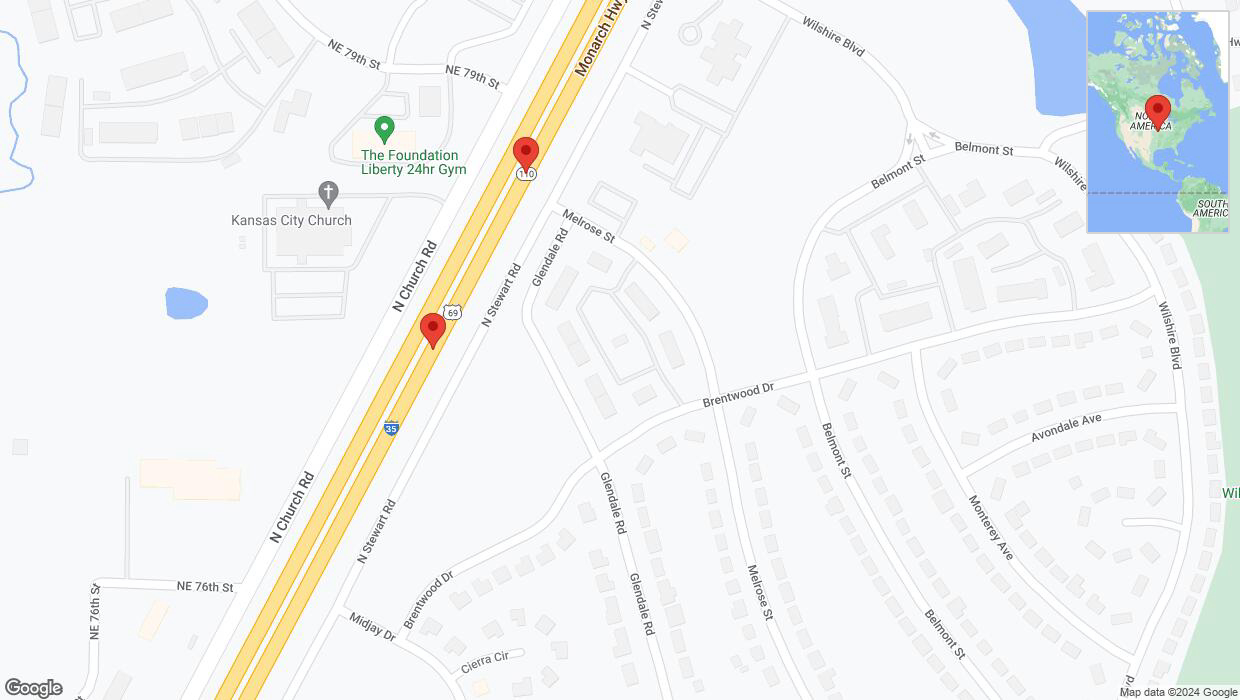 A detailed map that shows the affected road due to 'Broken down vehicle on northbound I-35 in Kansas City' on August 7th at 7:21 p.m.