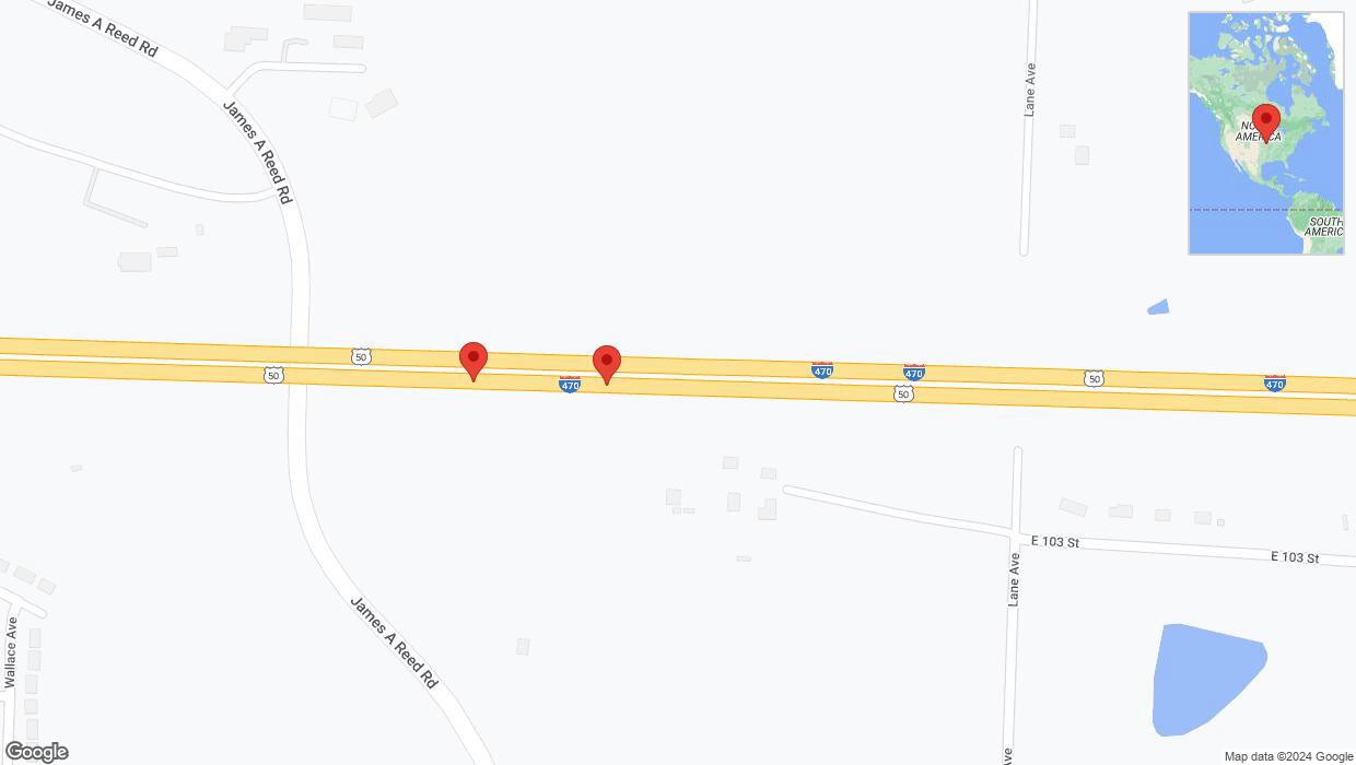 A detailed map that shows the affected road due to 'Broken down vehicle on eastbound I-470 in Kansas City' on August 10th at 1:53 p.m.