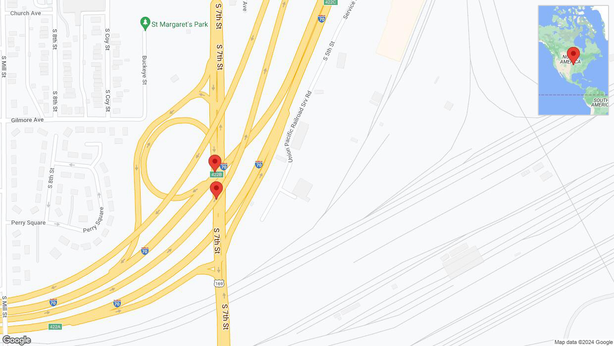 A detailed map that shows the affected road due to 'Broken down vehicle on southbound US-169 South in Kansas City' on August 7th at 7:33 p.m.