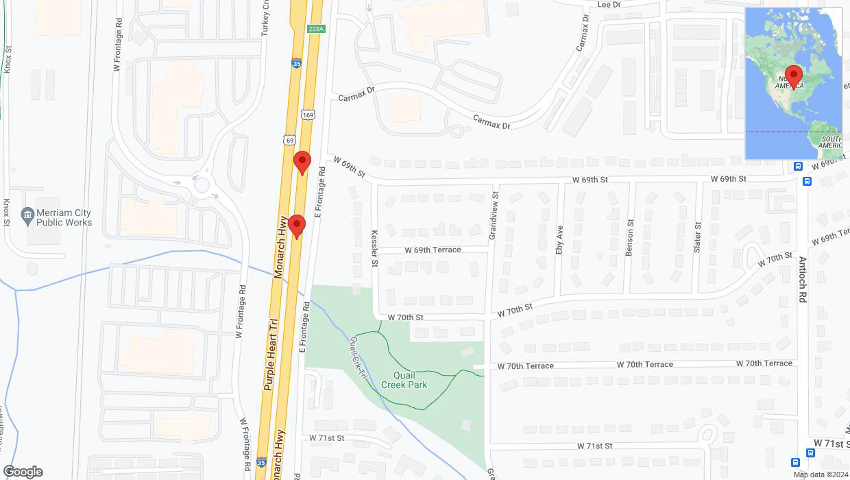 A detailed map that shows the affected road due to 'Broken down vehicle on eastbound I-35 in Overland Park' on August 7th at 6:33 p.m.