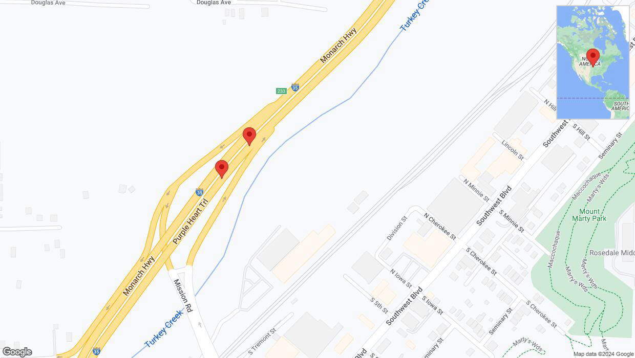 A detailed map that shows the affected road due to 'Broken down vehicle on northbound I-35 in Kansas City' on August 7th at 7:21 p.m.