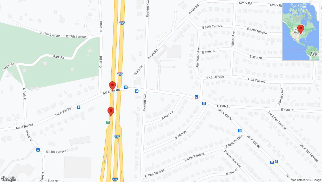 A detailed map that shows the affected road due to 'Broken down vehicle on southbound I-435 in Kansas City' on August 7th at 10:09 p.m.
