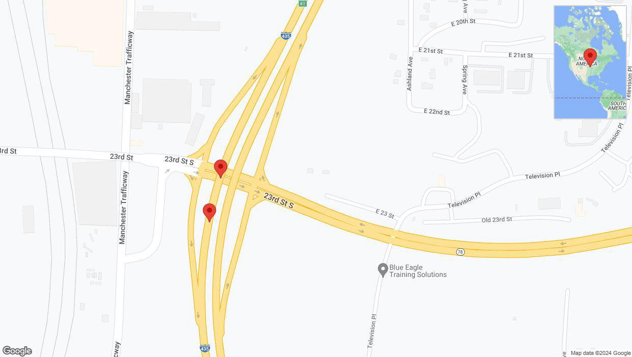 A detailed map that shows the affected road due to 'Broken down vehicle on southbound I-435 in Kansas City' on August 7th at 9:33 p.m.