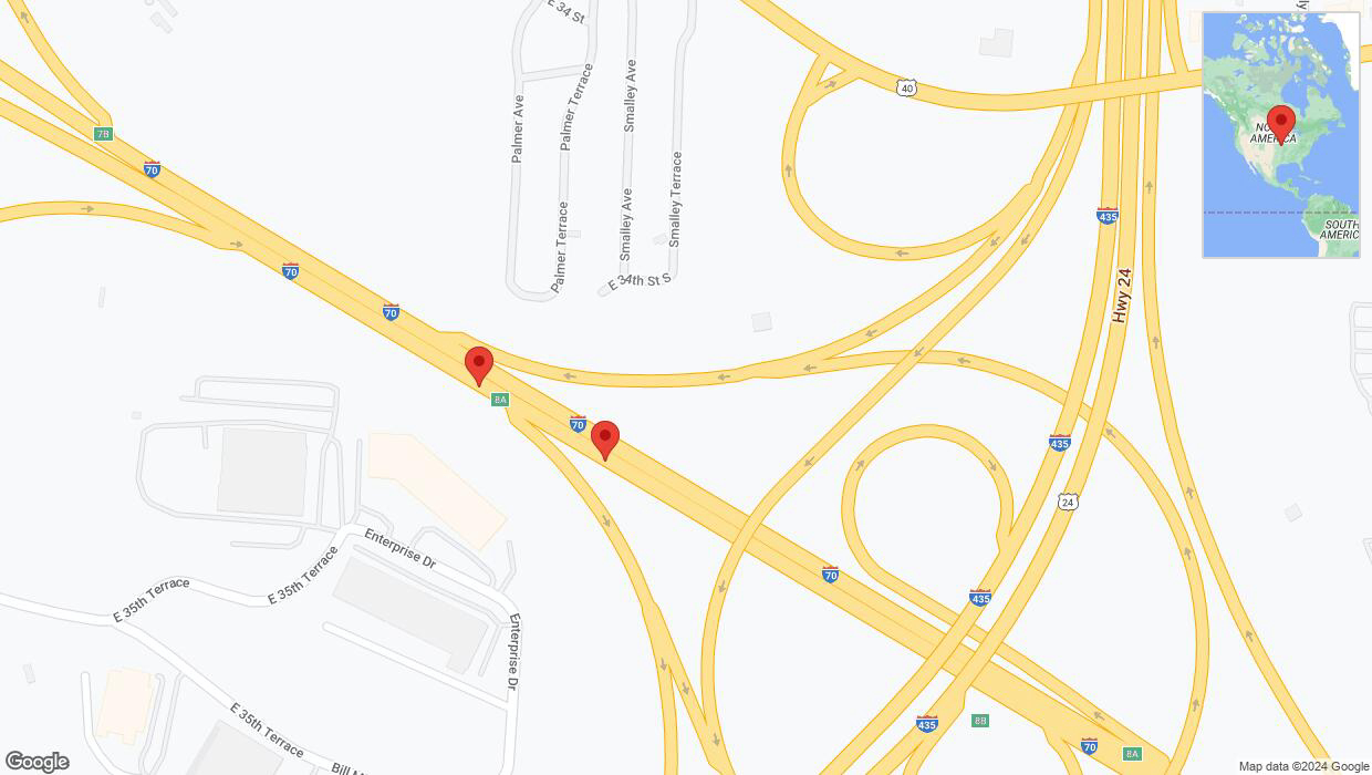 A detailed map that shows the affected road due to 'Crash reported on eastbound I-70 in Kansas City' on August 10th at 6:13 p.m.