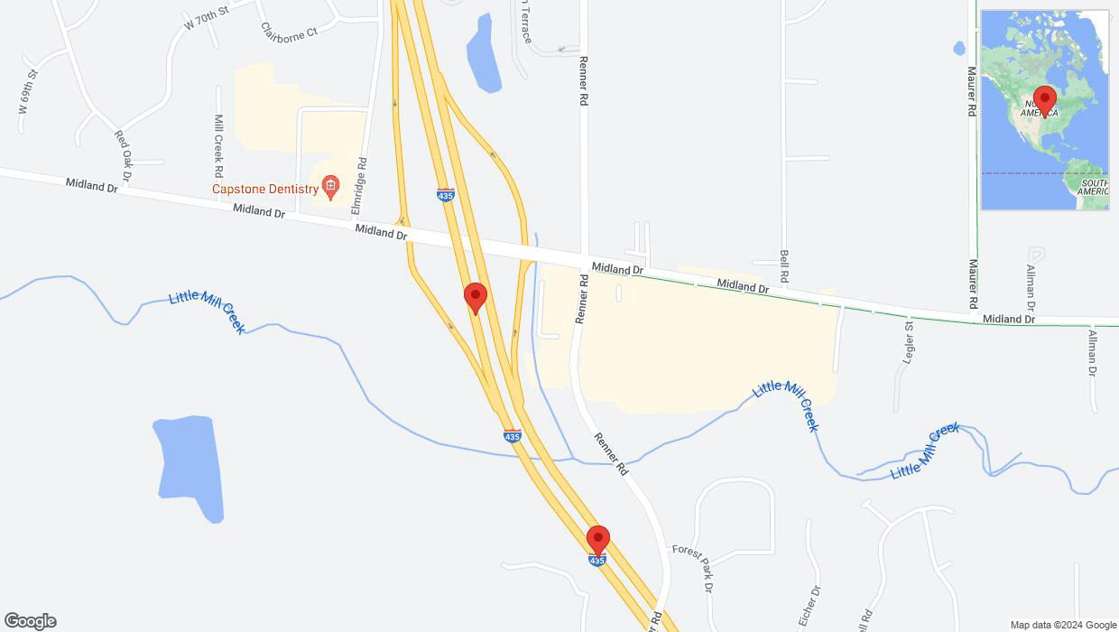 A detailed map that shows the affected road due to 'Lane on I-435 closed in Shawnee' on August 9th at 11:57 a.m.