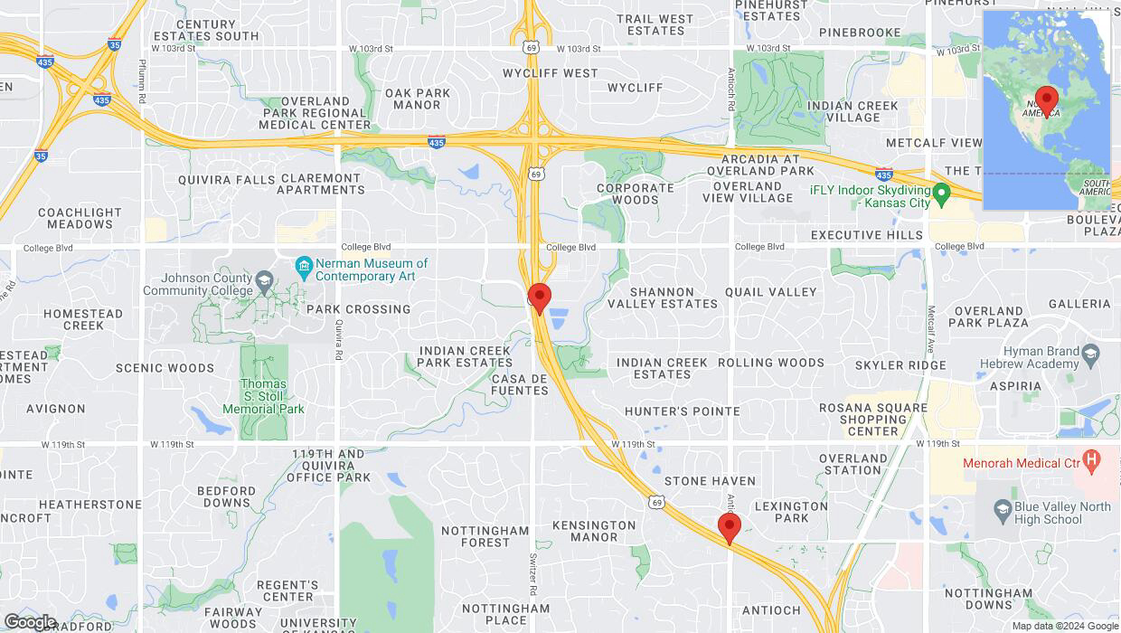 A detailed map that shows the affected road due to 'Lane on US-69 closed in Overland Park' on August 9th at 11:57 a.m.