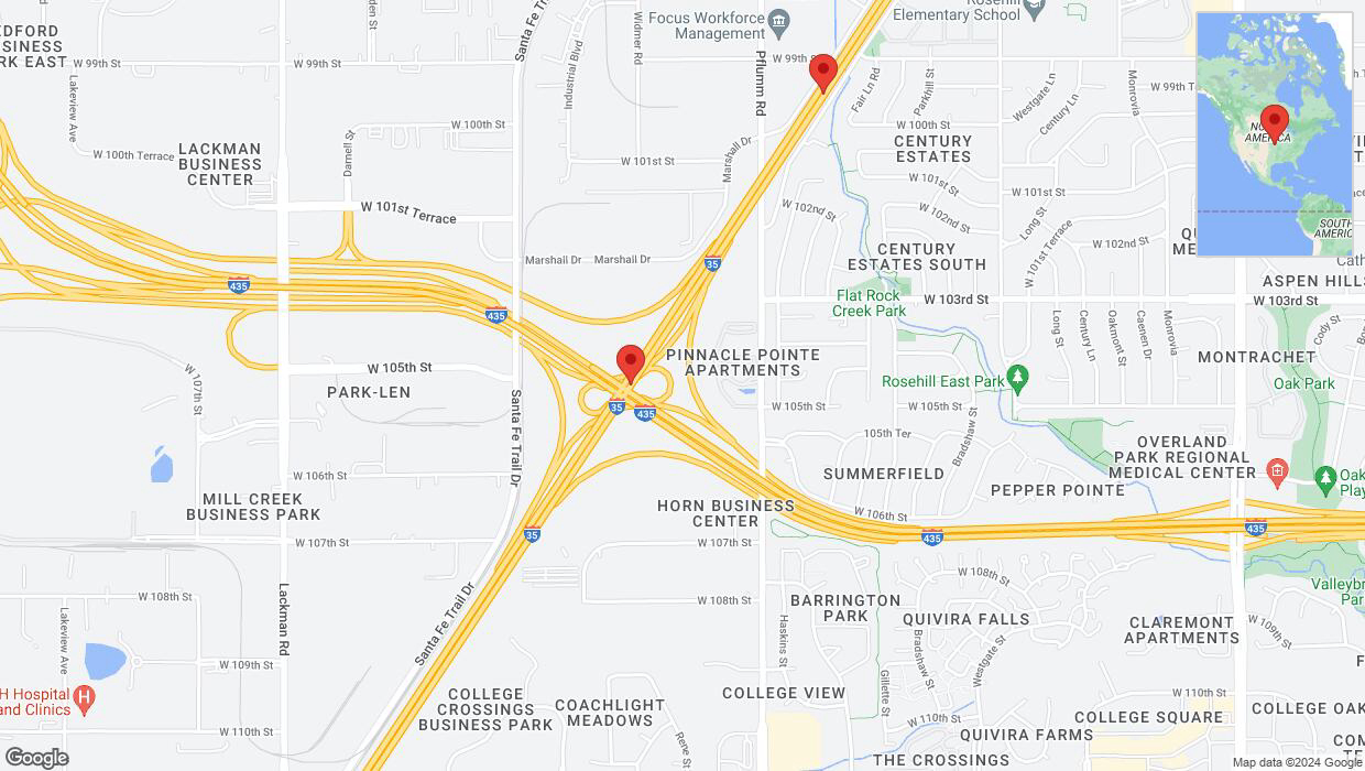A detailed map that shows the affected road due to 'Warning: Crash on eastbound I-35 in Lenexa' on August 9th at 12:03 p.m.