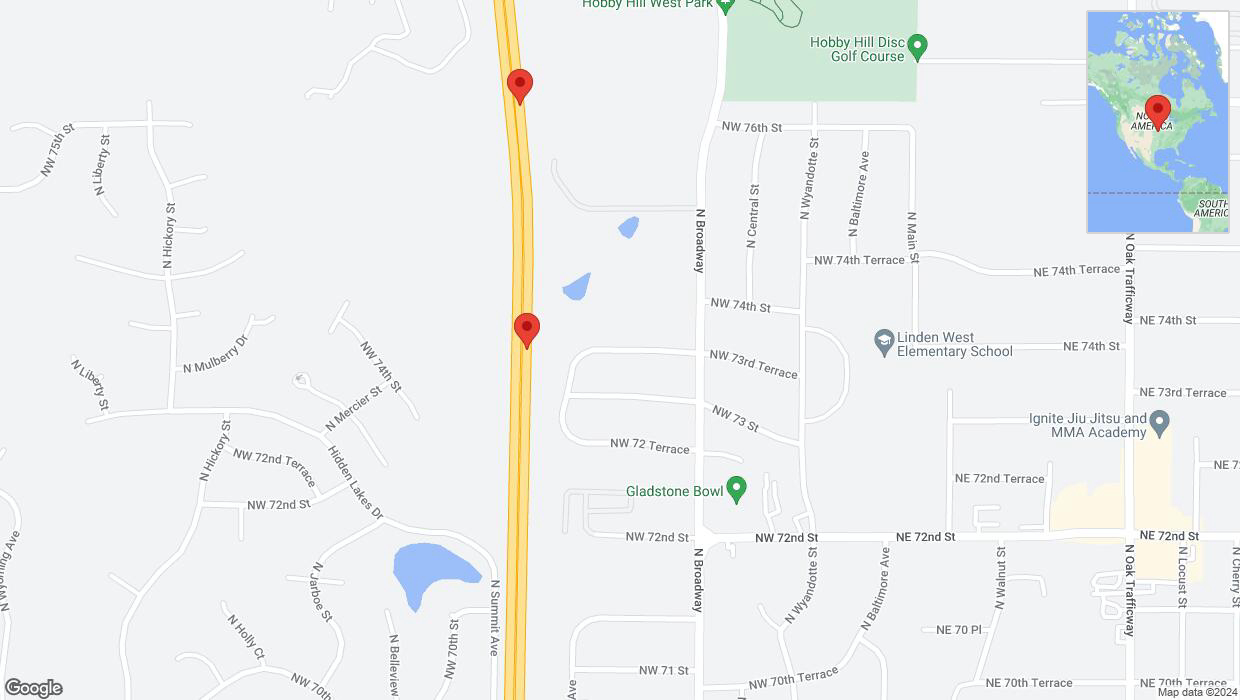 A detailed map that shows the affected road due to 'Broken down vehicle on northbound US-169 in Kansas City' on August 9th at 12:51 p.m.