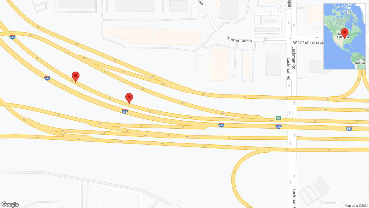 A detailed map that shows the affected road due to 'Broken down vehicle on northbound I-435 in Lenexa' on August 9th at 3:09 p.m.
