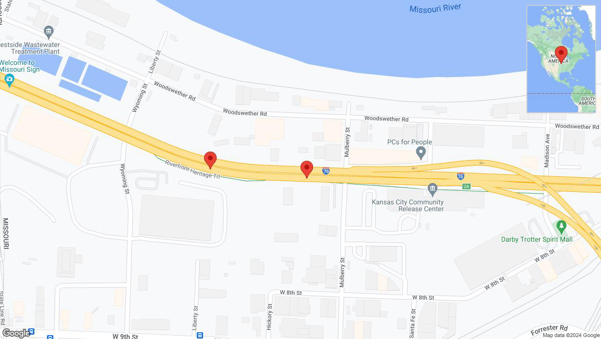 A detailed map that shows the affected road due to 'Broken down vehicle on eastbound I-70 in Kansas City' on August 9th at 2:09 p.m.