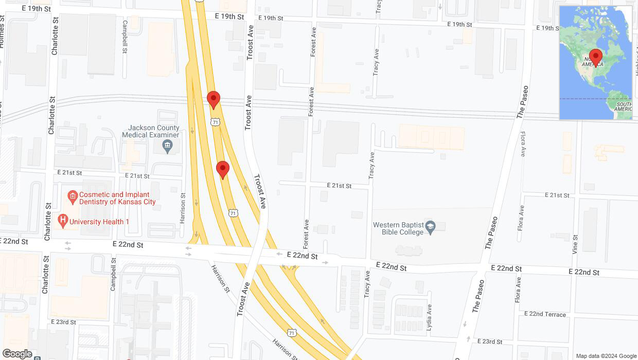 A detailed map that shows the affected road due to 'Broken down vehicle on northbound US-71 in Kansas City' on August 9th at 4:56 p.m.