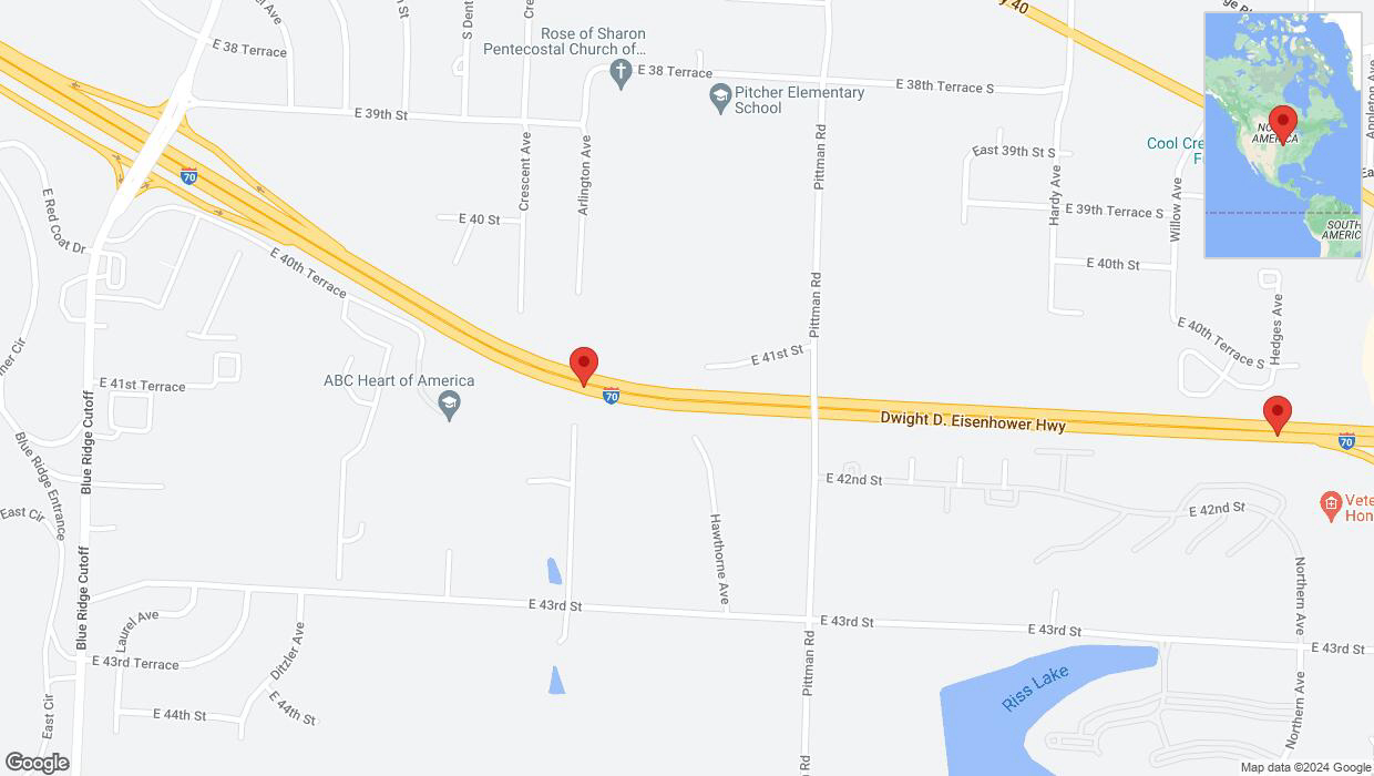 A detailed map that shows the affected road due to 'Warning in Kansas City: Crash reported on eastbound I-70' on August 9th at 3:09 p.m.
