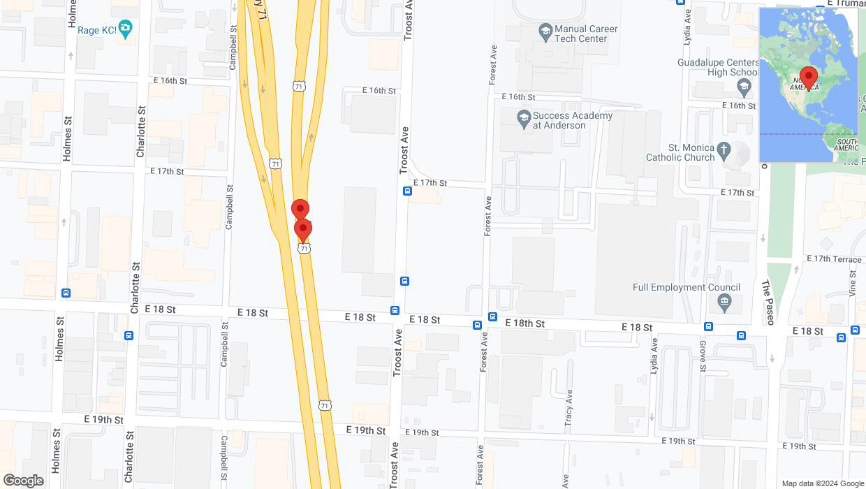 A detailed map that shows the affected road due to 'Broken down vehicle on northbound US-71 in Kansas City' on August 9th at 3:21 p.m.