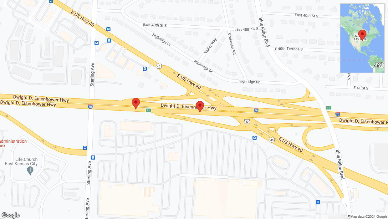 A detailed map that shows the affected road due to 'Broken down vehicle on eastbound I-70 in Kansas City' on August 9th at 3:21 p.m.
