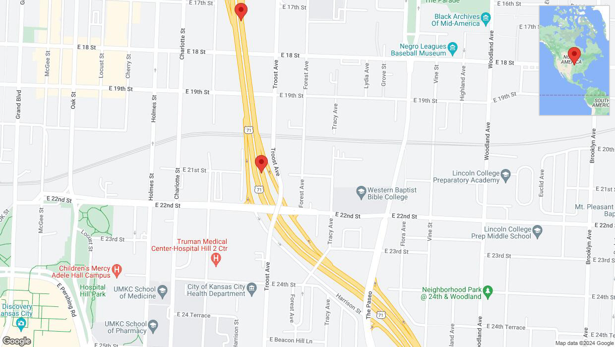 A detailed map that shows the affected road due to 'Broken down vehicle on northbound US-71 in Kansas City' on August 9th at 3:28 p.m.