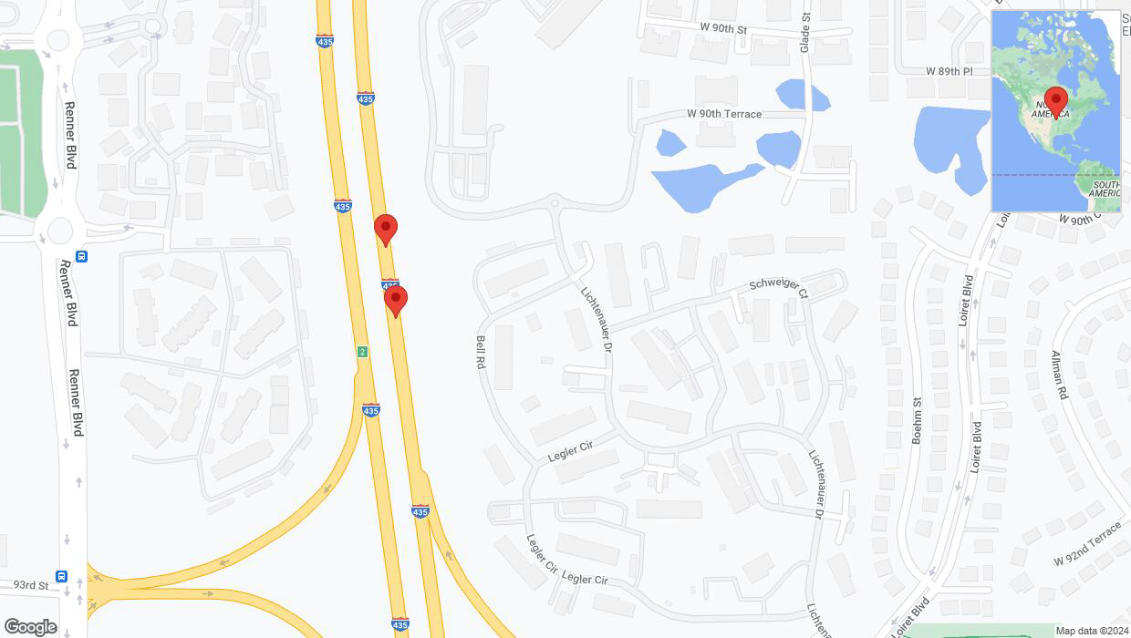 A detailed map that shows the affected road due to 'Broken down vehicle on northbound I-435 in Lenexa' on August 10th at 3:23 p.m.