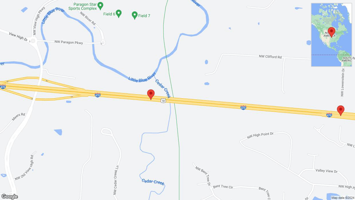 A detailed map that shows the affected road due to 'Crash reported on eastbound I-470 in Lee's Summit' on August 9th at 3:44 p.m.