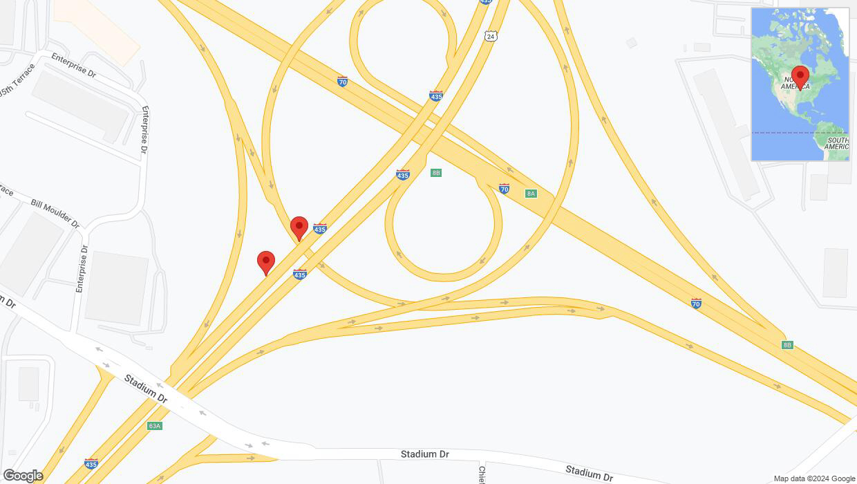A detailed map that shows the affected road due to 'Broken down vehicle on southbound I-435 in Kansas City' on August 9th at 5:31 p.m.