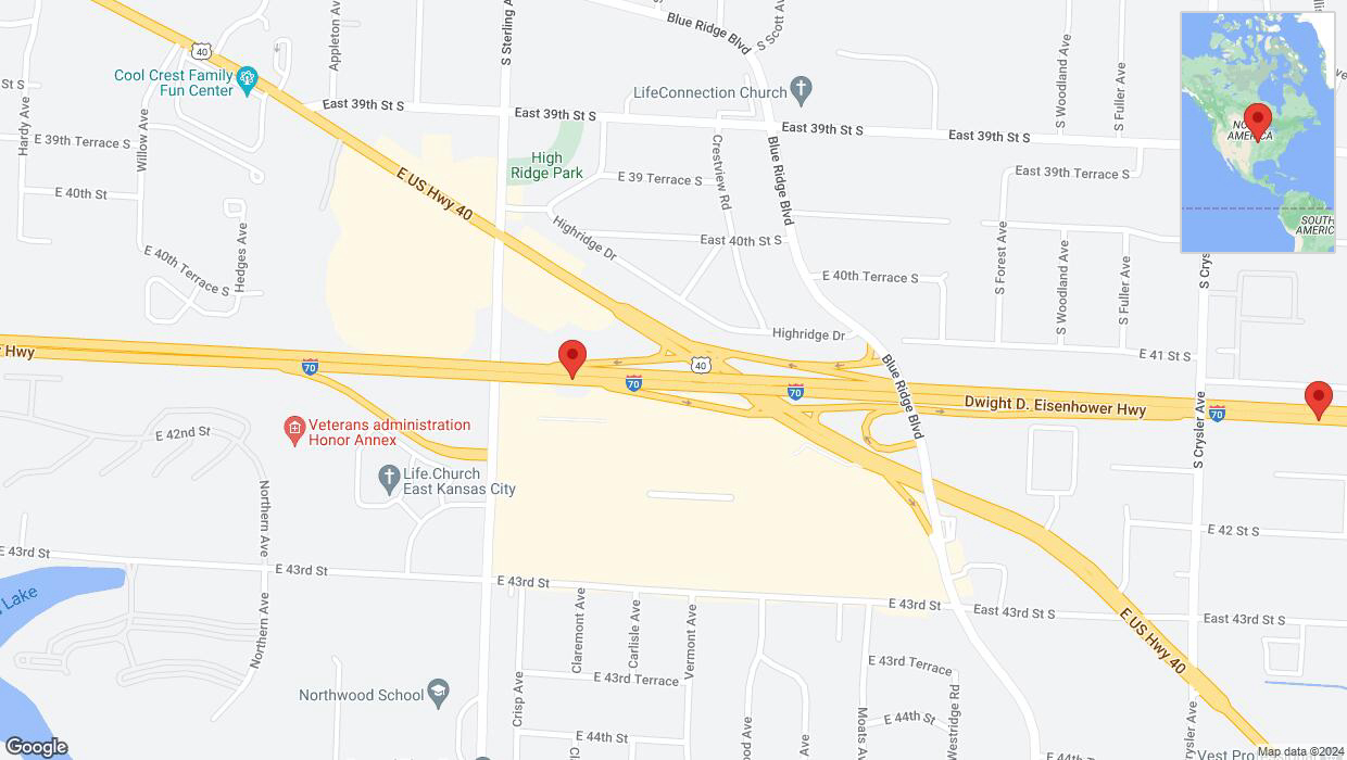 A detailed map that shows the affected road due to 'Warning in Kansas City: Crash reported on eastbound I-70' on August 9th at 4:50 p.m.