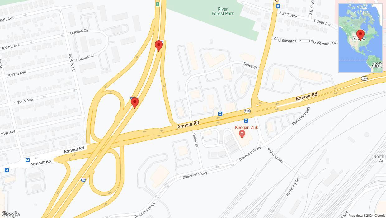 A detailed map that shows the affected road due to 'Broken down vehicle on northbound I-29/I-35 in North Kansas City' on August 9th at 5:13 p.m.