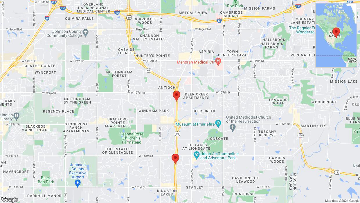 A detailed map that shows the affected road due to 'Lane on US-69 closed in Overland Park' on August 9th at 5:55 p.m.