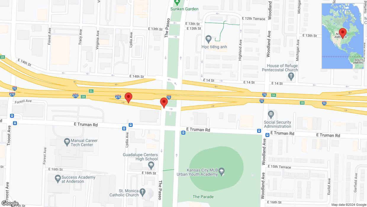 A detailed map that shows the affected road due to 'Broken down vehicle on East Truman Road in Kansas City' on August 9th at 6:31 p.m.