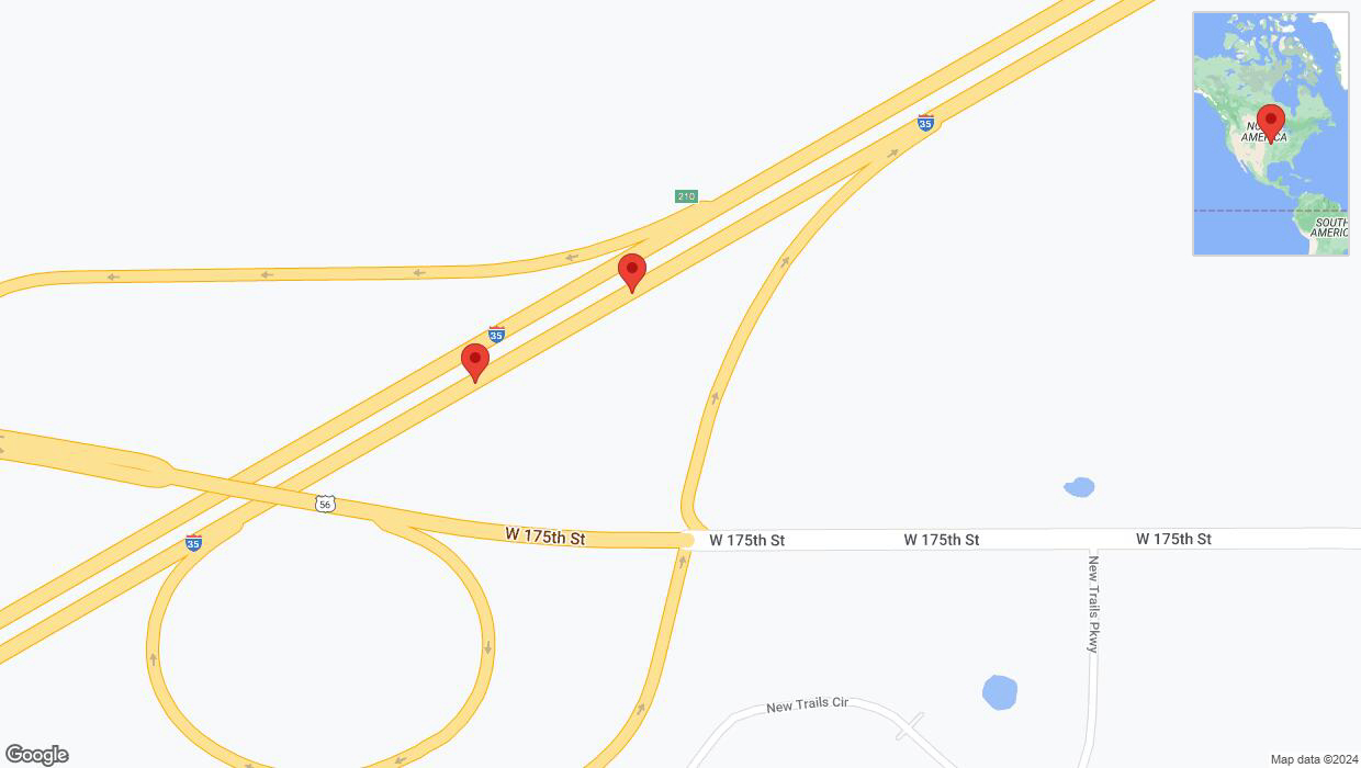 A detailed map that shows the affected road due to 'Broken down vehicle on eastbound I-35 in Gardner' on August 9th at 6:43 p.m.