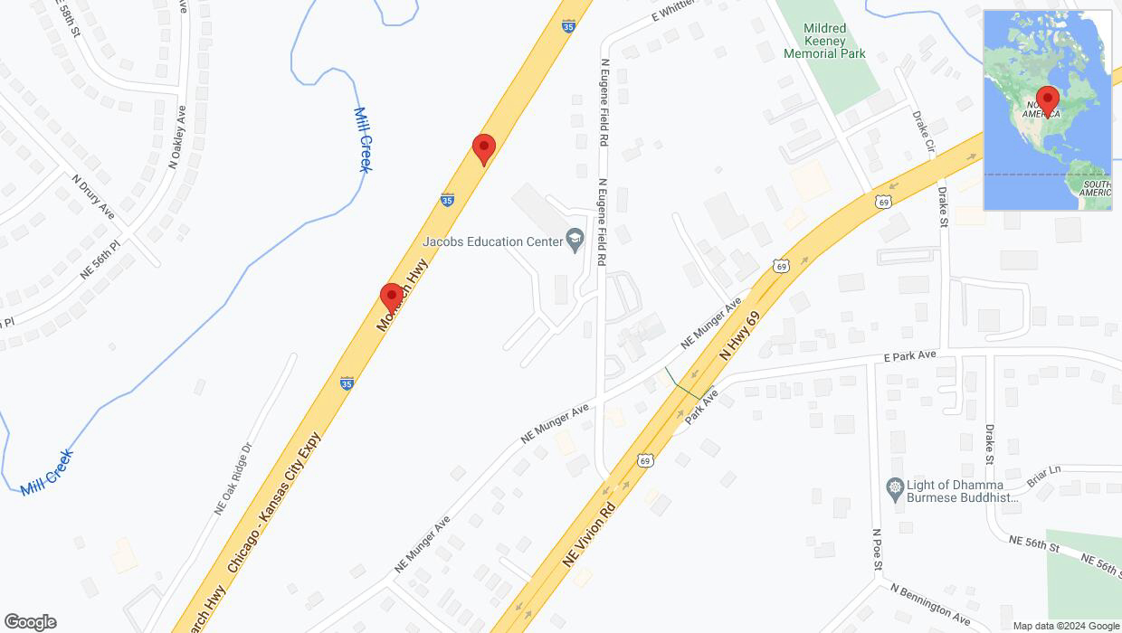 A detailed map that shows the affected road due to 'Crash reported on northbound I-35 in Kansas City' on August 9th at 6:43 p.m.