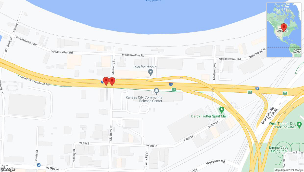 A detailed map that shows the affected road due to 'Warning in Kansas City: Crash reported on eastbound I-70' on August 9th at 6:49 p.m.