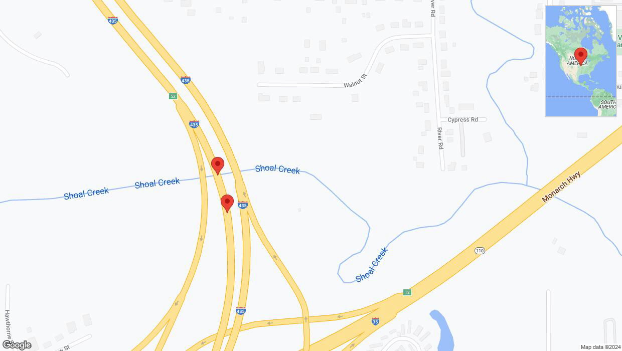 A detailed map that shows the affected road due to 'Broken down vehicle on southbound I-435 in Pleasant Valley' on August 9th at 7:13 p.m.