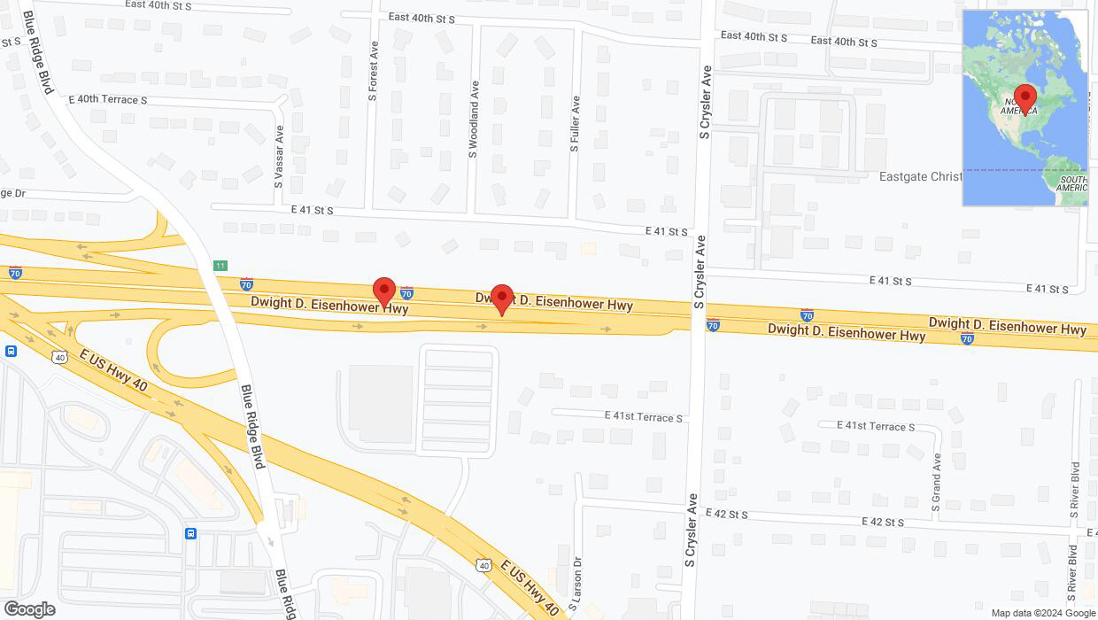 A detailed map that shows the affected road due to 'Warning: Crash on eastbound I-70 in Independence' on August 9th at 6:49 p.m.