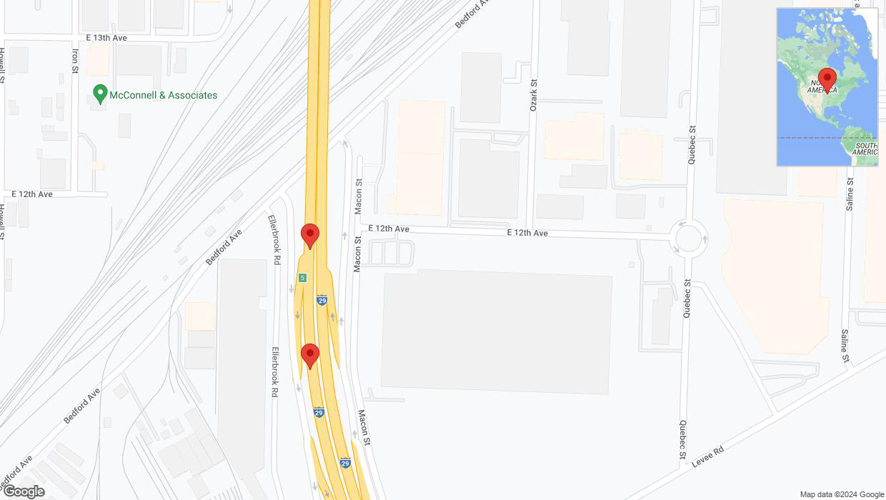 A detailed map that shows the affected road due to 'Broken down vehicle on southbound I-29/I-35 in North Kansas City' on August 9th at 7:19 p.m.