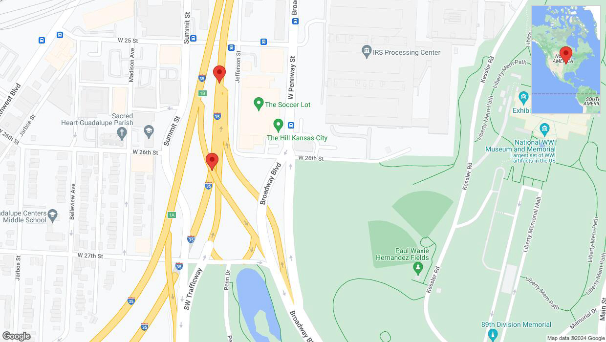 A detailed map that shows the affected road due to 'Broken down vehicle on northbound I-35 in Kansas City' on August 9th at 8:07 p.m.
