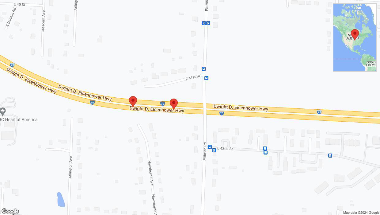 A detailed map that shows the affected road due to 'Broken down vehicle on eastbound I-70 in Kansas City' on August 9th at 10:07 p.m.