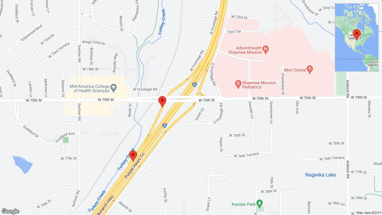 A detailed map that shows the affected road due to 'West 75th Street closed in Merriam' on August 9th at 9:31 p.m.